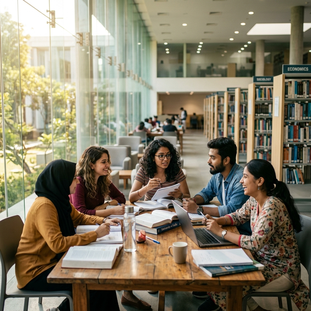 Students studying in glass library
